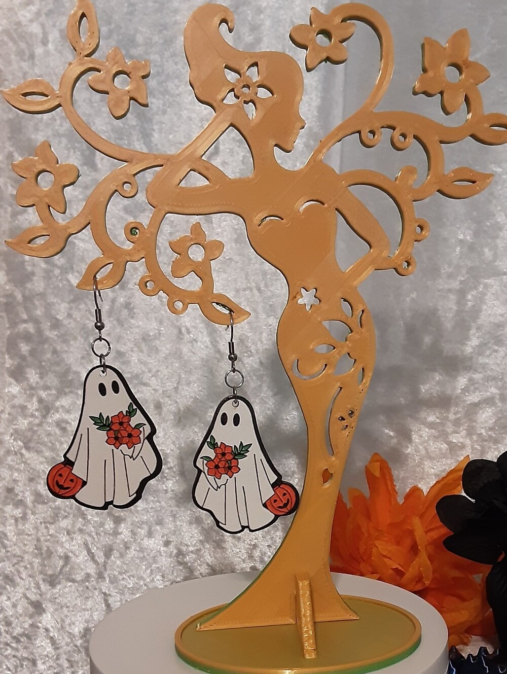 Handmade Ghost Halloween Drop Earrings in White with Orange Accents